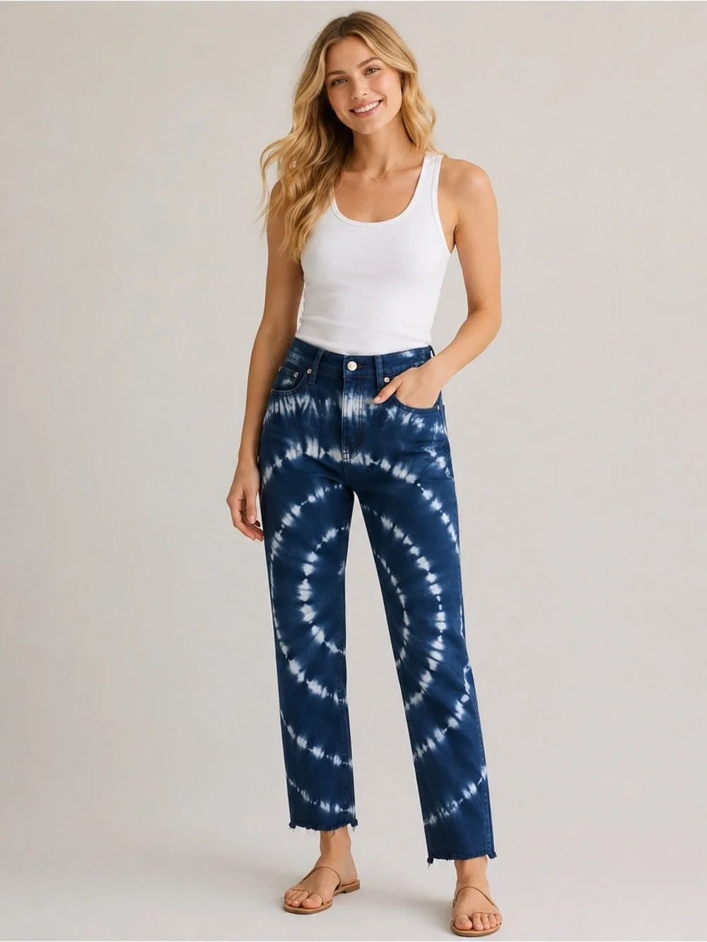 J.Crew Tie Dye Vintage Straight Jeans Indigo Spiral Raw Hem Size 29 NWOT